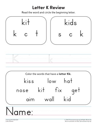 Worksheet featuring various items that begin with the letter K for phonics practice. Fun learning activity for Pre-K children focusing on the alphabet.