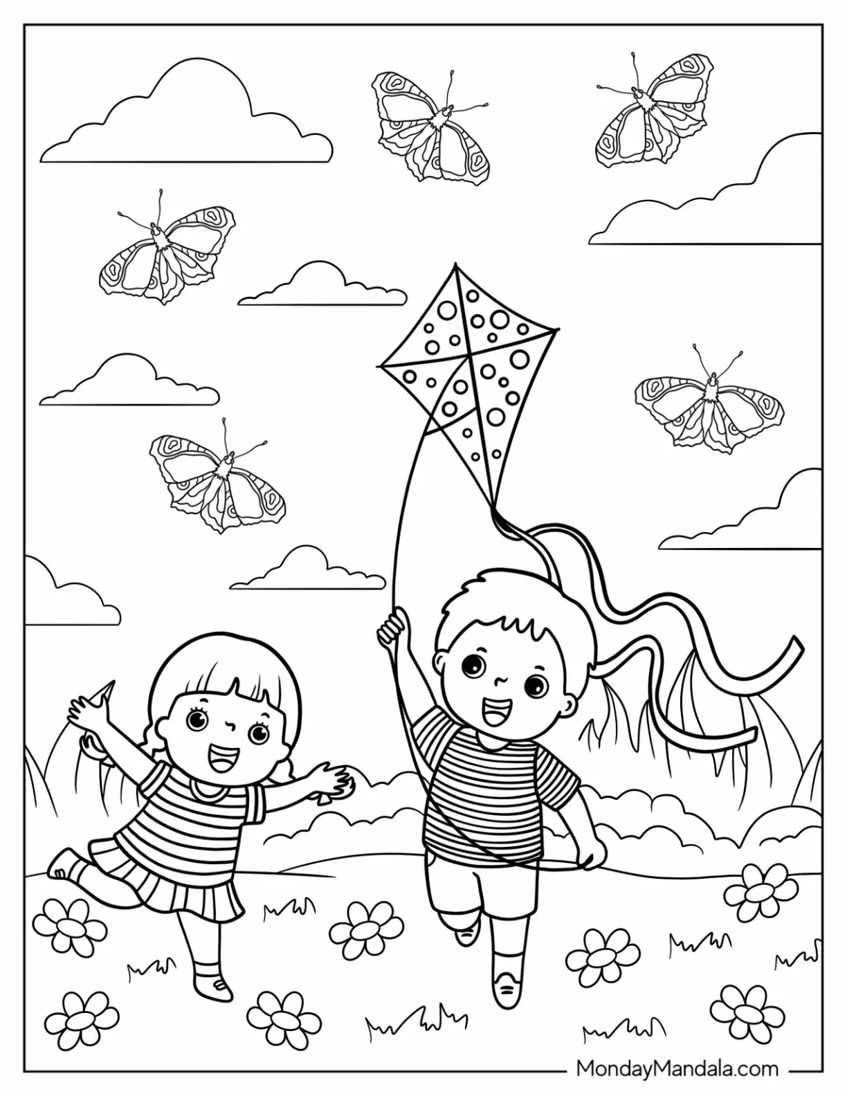 A young child flying a kite on a sunny spring day in this coloring worksheet for pre-k students