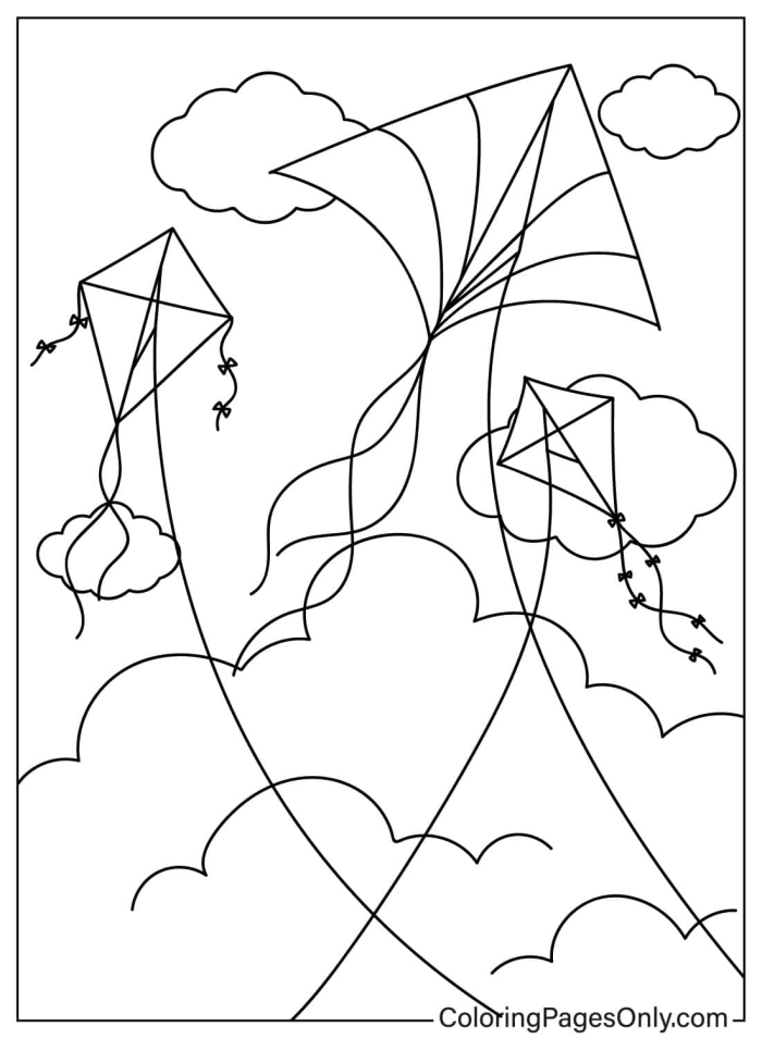 A child happily flying a colorful kite on a sunny spring day in the Color the Kite-Flying Fun worksheet