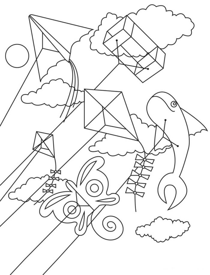 A young boy enjoys a breezy spring day by flying his kite in this coloring worksheet for pre-k students