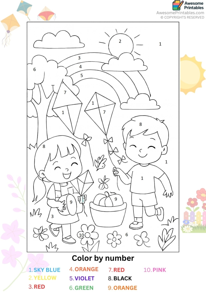 Preschool color by number worksheet featuring a simple kite design for number recognition practice