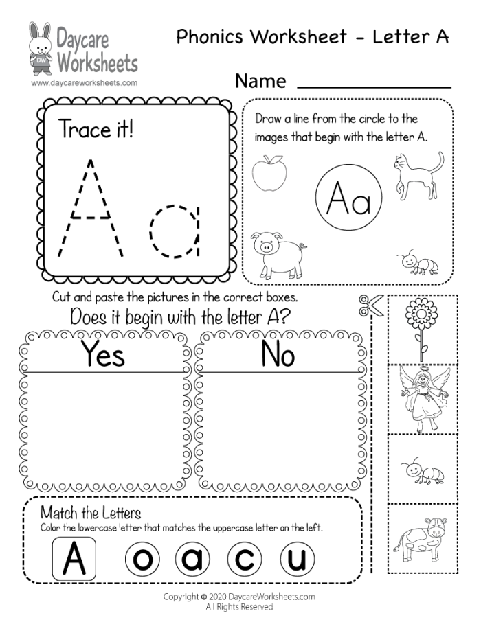 Pre-K child practicing letter A phonics on an alphabet travel worksheet