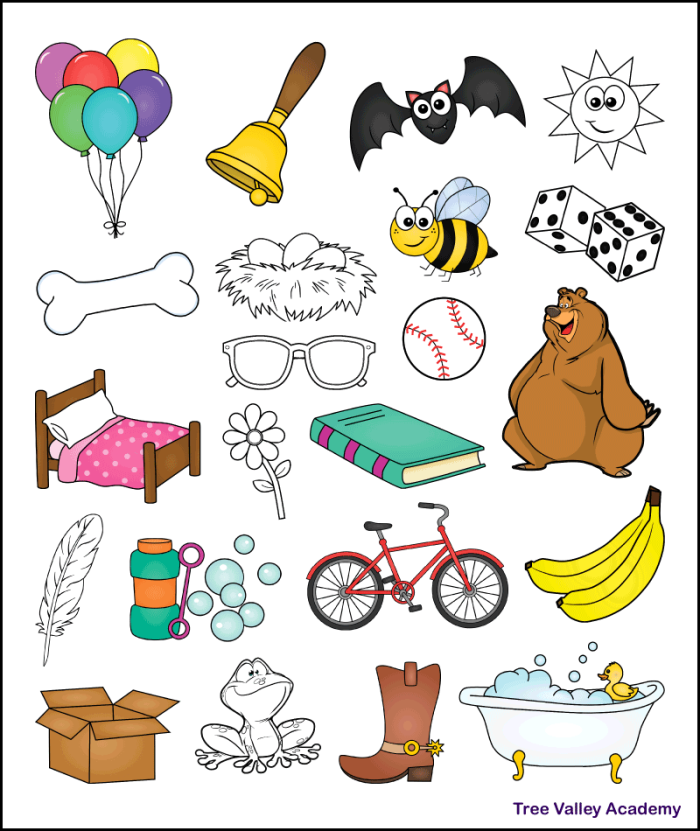 Worksheet featuring various items that start with the letter B for Pre-K children