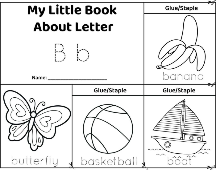 Pre-K worksheet featuring alphabet activities and coloring exercises for items that start with the letter B