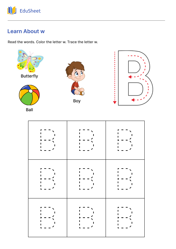 Preschool worksheet featuring the letter B for coloring and letter sounds practice