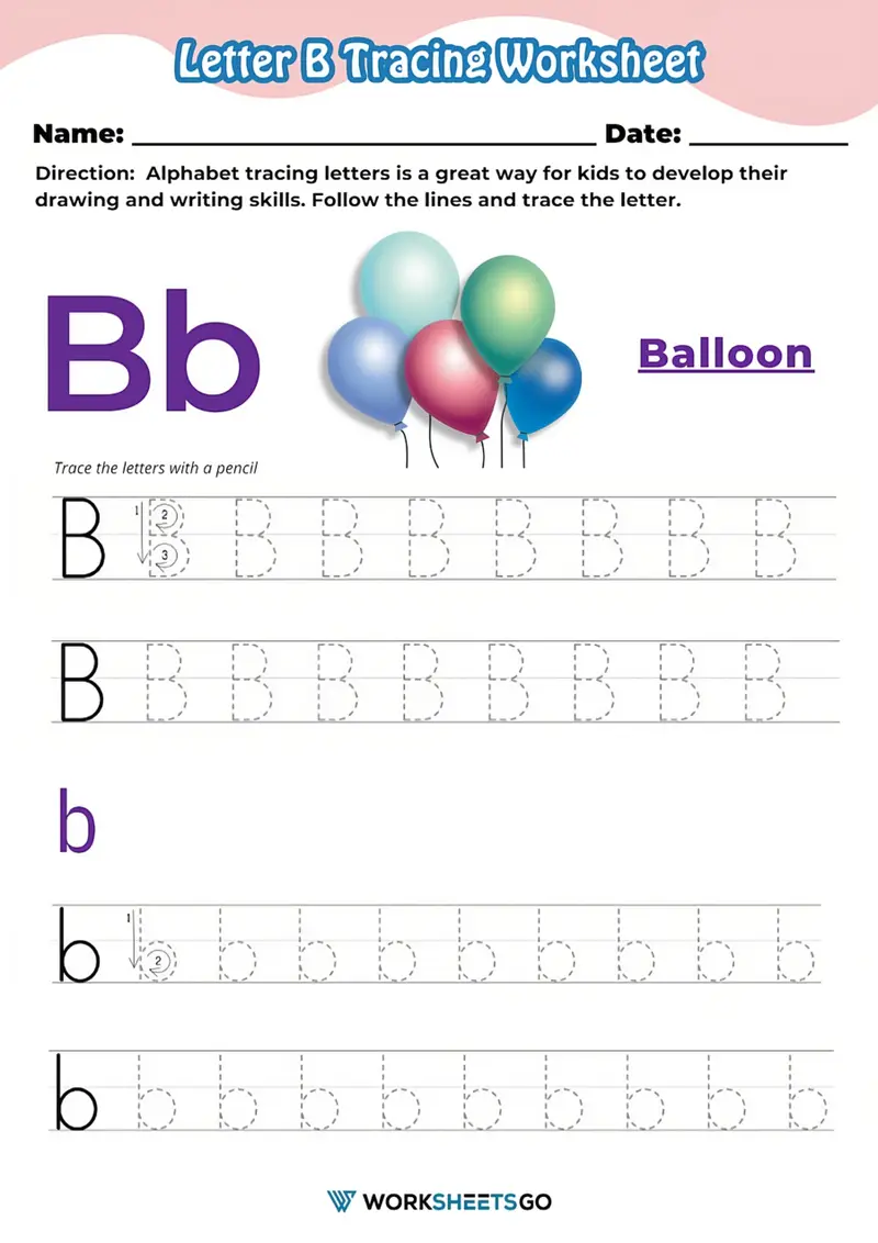 Prekindergarten worksheet for tracing the letter B to develop fine motor skills