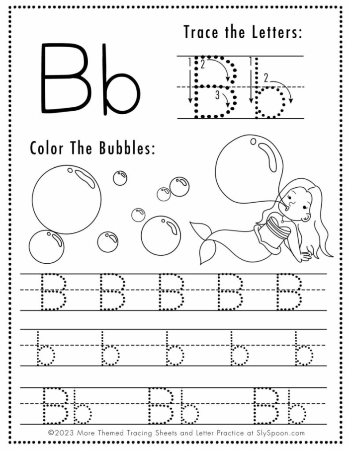 Pre-K student working on an alphabet worksheet that features the letter B and colorful illustrations for early reading practice