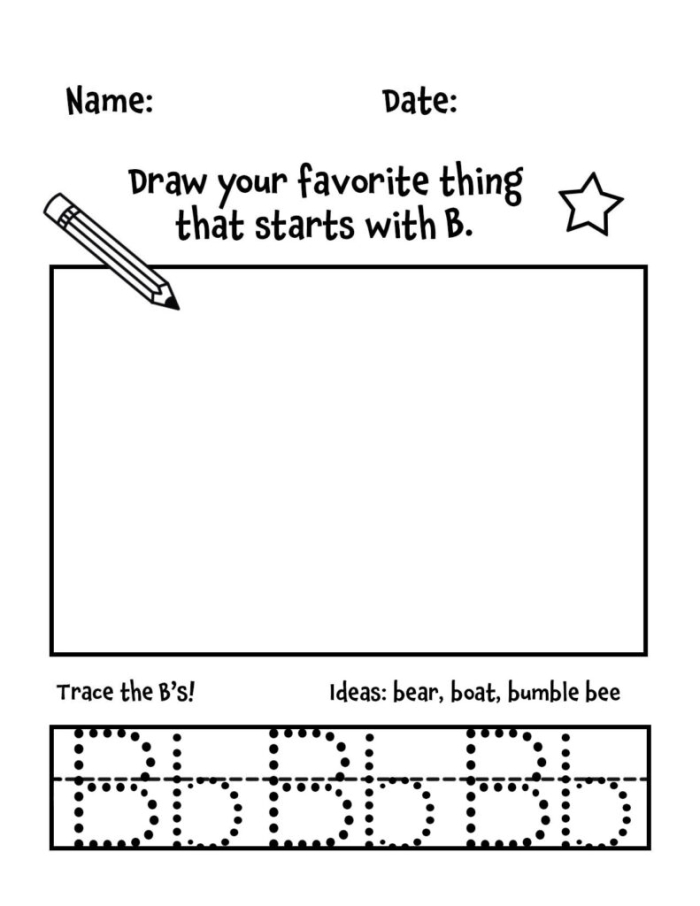 Pre-K alphabet worksheet featuring various illustrations of objects that start with the letter B