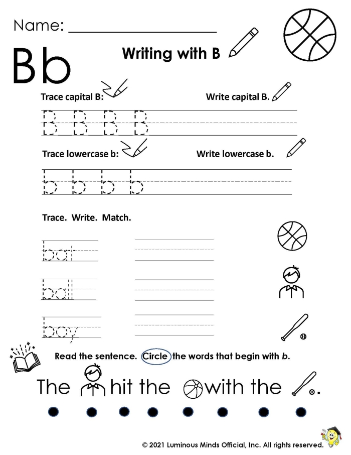 Worksheet featuring activities for things that start with the letter B, designed for Pre-K reading skills. Engaging alphabet game for young learners focusing on the letter B!