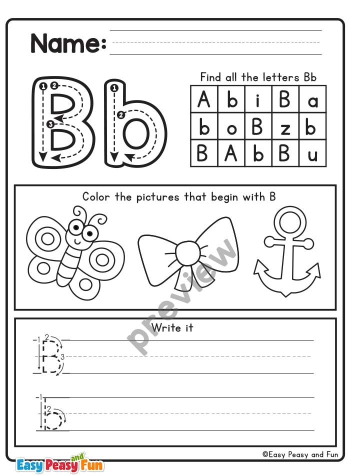 Pre-K worksheet showing colorful illustrations and writing exercises for learning the letter B