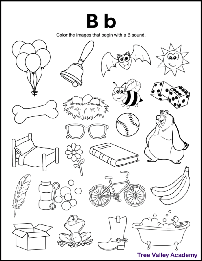 Pre-K worksheet activity focusing on alphabet sounds and spelling with the letter B