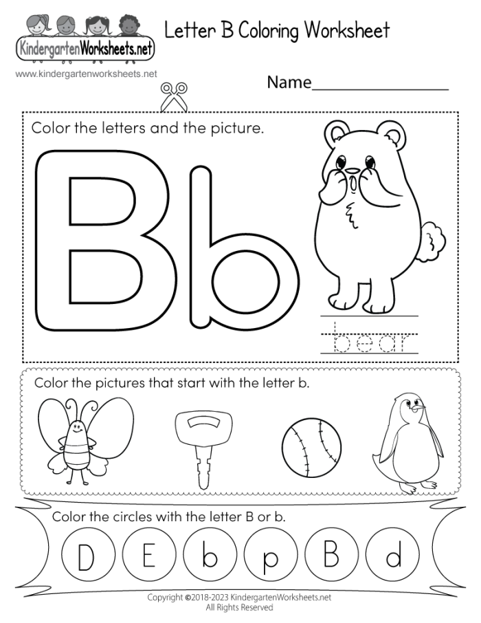 Pre-K worksheet featuring letter B vocabulary activities and alphabet practice