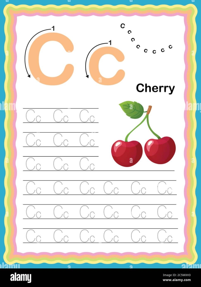 Pre-K worksheet with tracing lines and the letter C for handwriting practice