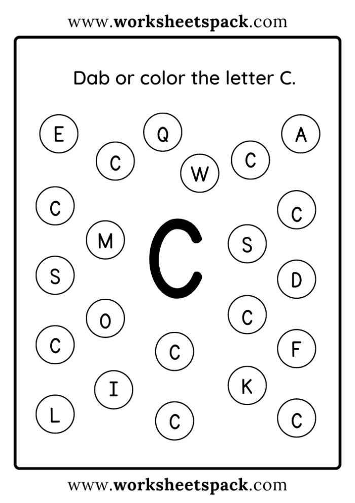Preschool student working on a colorful letter C alphabet learning worksheet