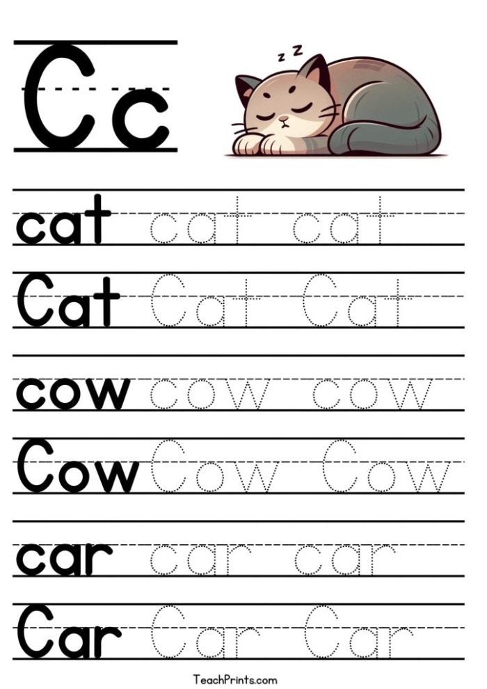 Pre-K worksheet page featuring various illustrations for children to identify objects starting with the letter C