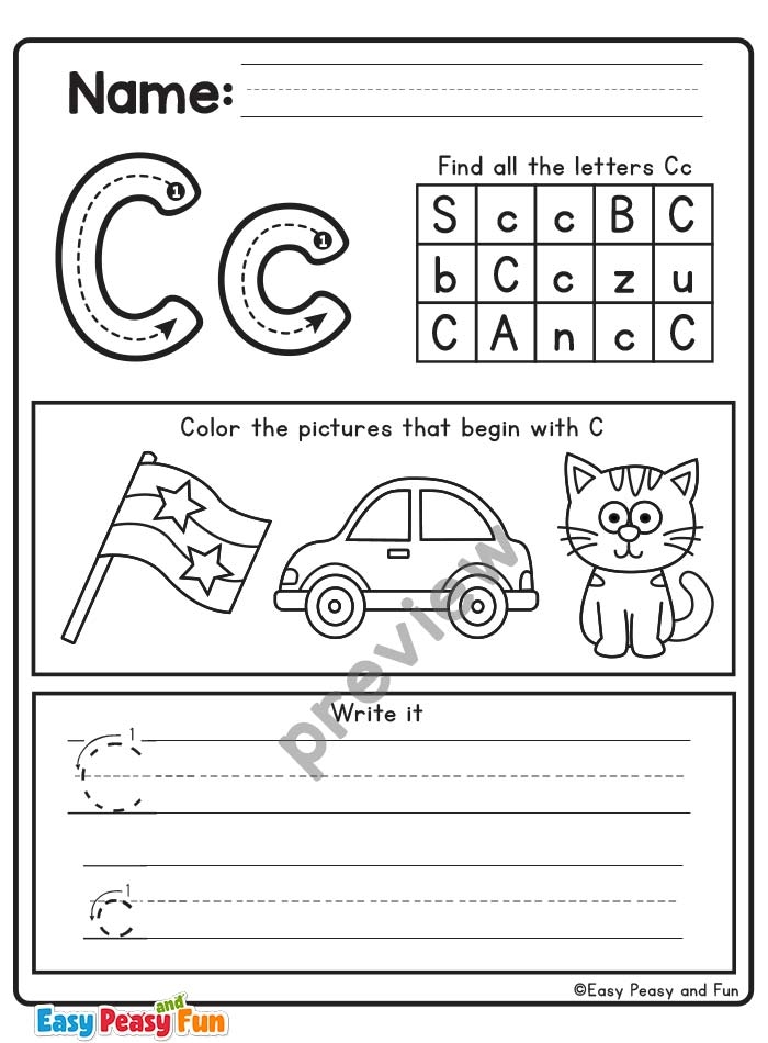 Colorful Pre-K alphabet worksheet focusing on the letter C for early readers