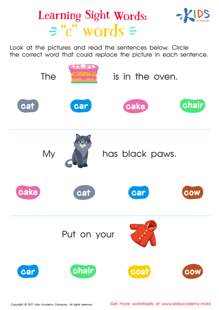Pre-K worksheet page featuring various objects and the letter C for alphabet practice