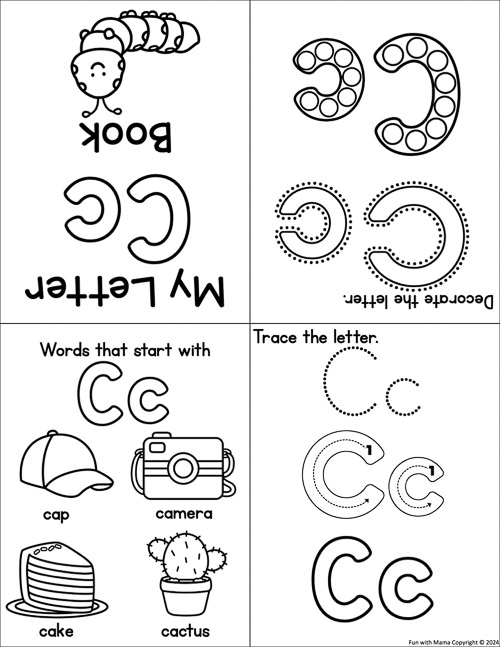 Worksheet featuring the letter C for object recognition in Pre-K reading