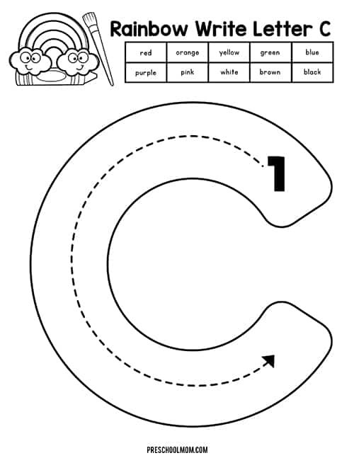 Preschool worksheet featuring the letter C with colorful pictures and tracing activities for early reading practice