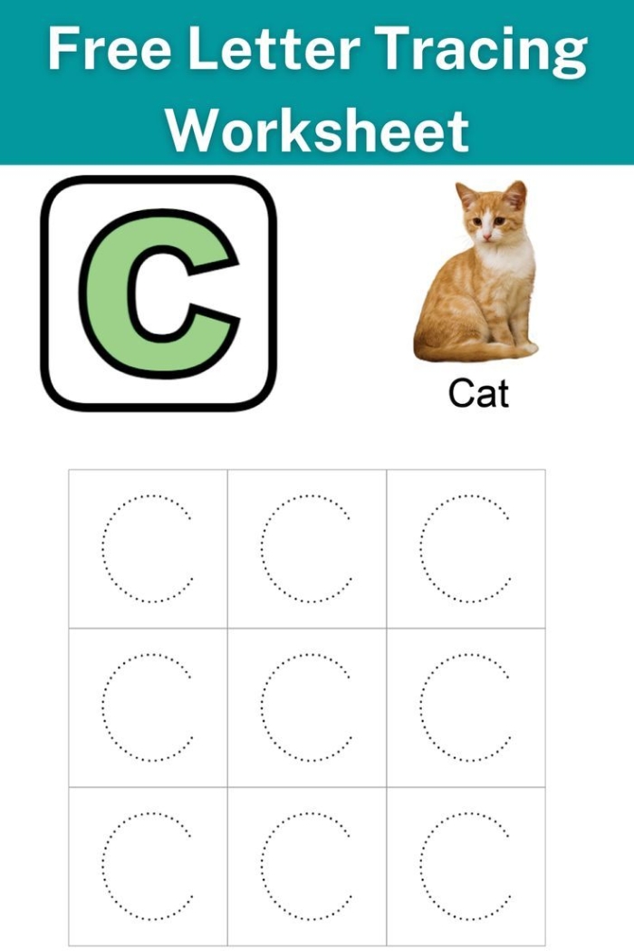 Preschool letter C worksheet showing colorful pictures and tracing activities for early readers