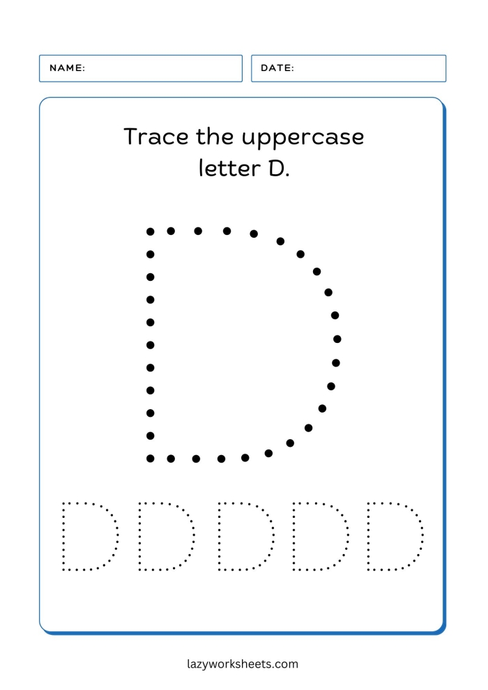Child tracing dotted lines and the letter D on a prekindergarten writing practice worksheet to develop fine motor skills