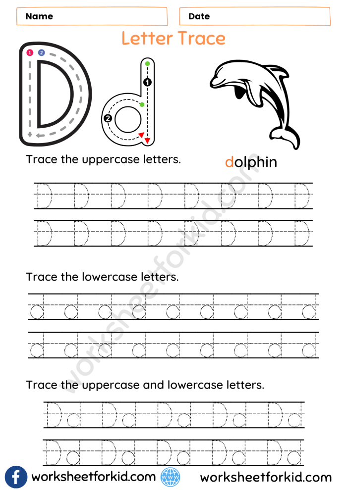 Pre-K student tracing vertical lines and the letter D on a printable worksheet