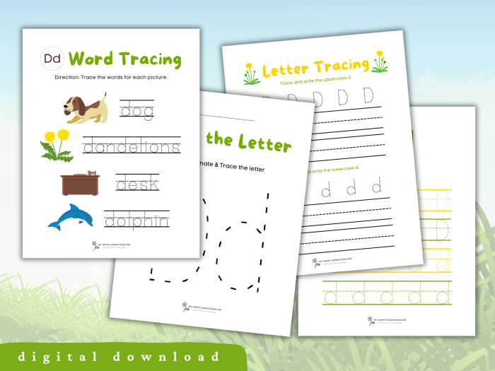 Pre-K student tracing vertical lines and the uppercase letter D on a printable practice worksheet