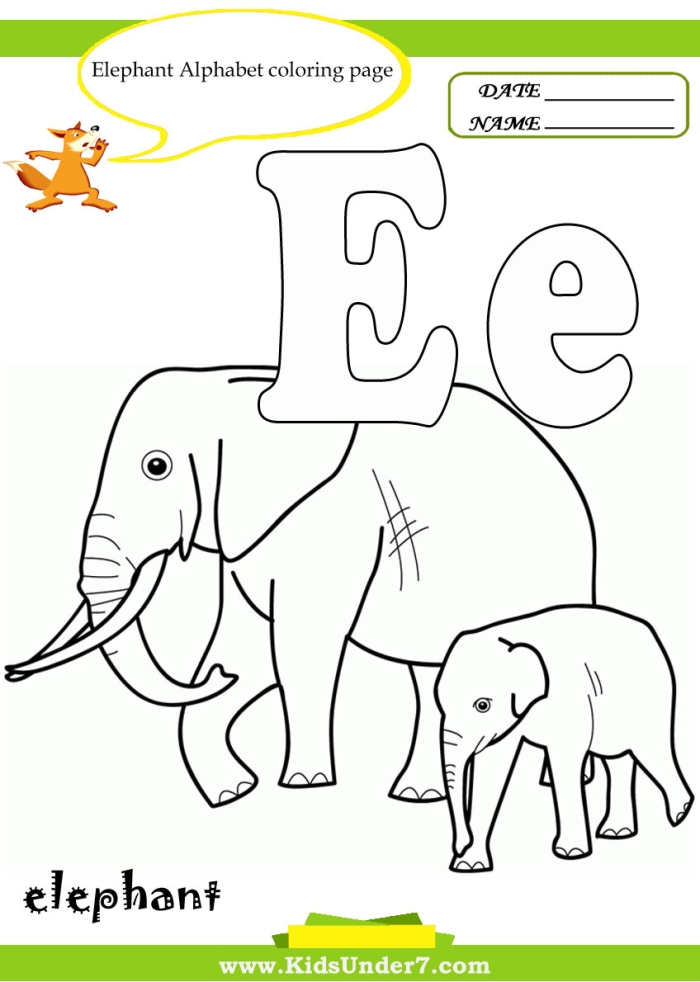 Preschool worksheet featuring the letter E with illustrations for kids to color for alphabet practice