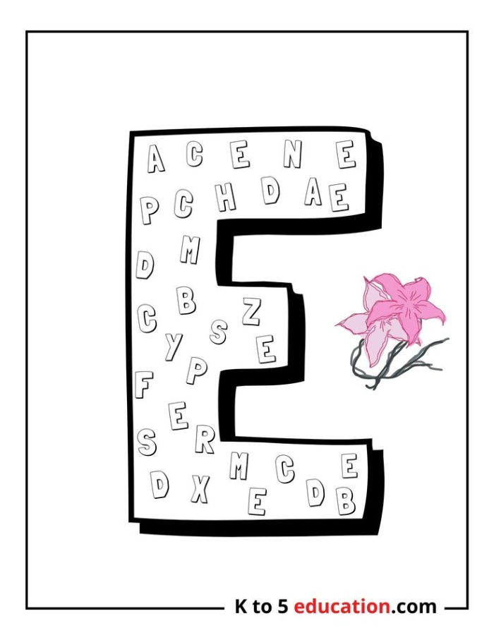 Pre-K printable worksheet featuring the letter E with illustrations for coloring practice