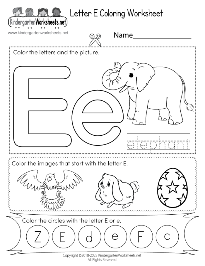 A preschool worksheet showing the letter E with pictures to color and trace for alphabet learning