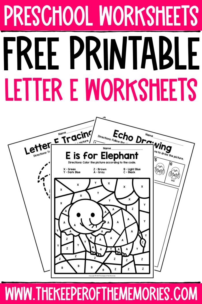 Preschool worksheet showing pictures of objects starting with the letter E for children to identify and circle