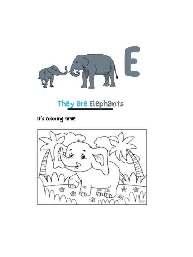 A preschool worksheet featuring the letter E with pictures to color and practice letter E sounds