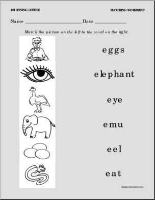 Things that begin with the letter E for phonics practice in Pre-K