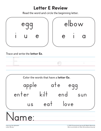 Pre-K phonics worksheet featuring various objects for children to identify those that start with the letter E