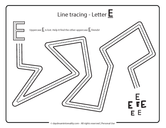 Worksheet for practicing tracing the letter E for Pre-K students
