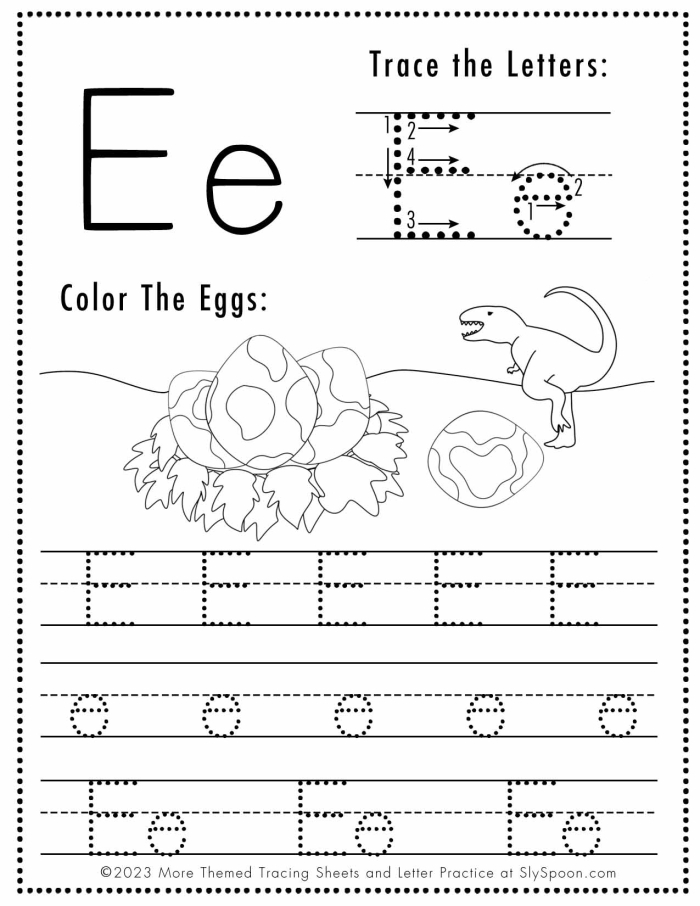 Preschool worksheet showing colorful illustrations of words starting with the letter E for practice number 17