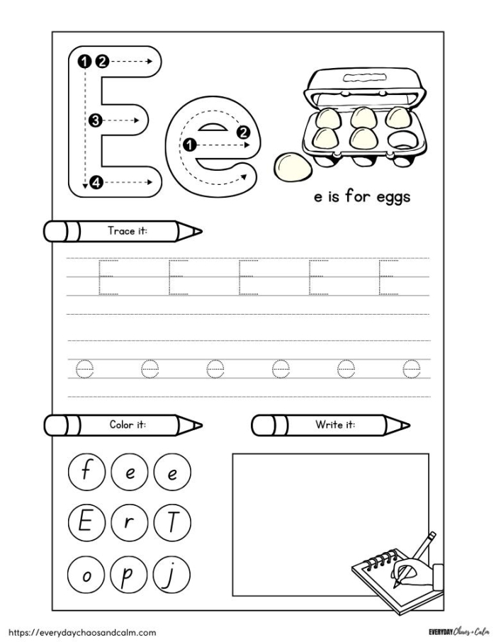 Prekindergarten worksheet showing lines and the letter E for kids to practice tracing