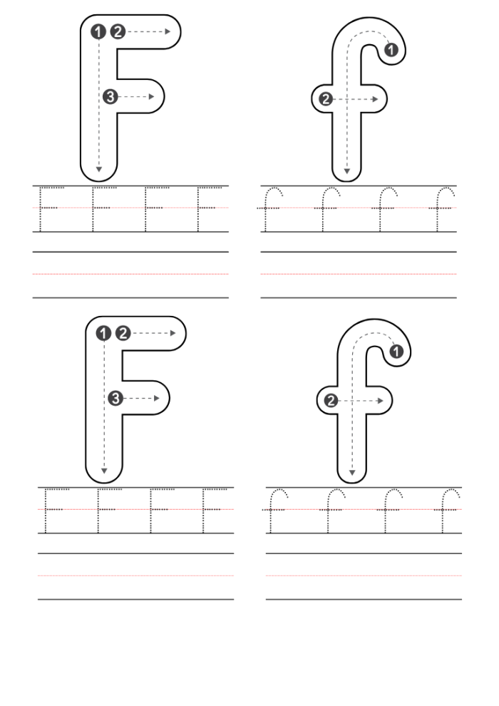Preschooler coloring worksheet for the letter F featuring fun imagery to practice phonetic sounds