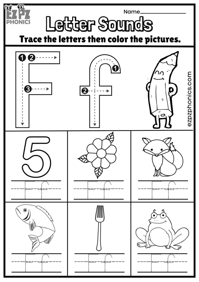 Pre-K phonics worksheet for identifying objects that begin with the letter F