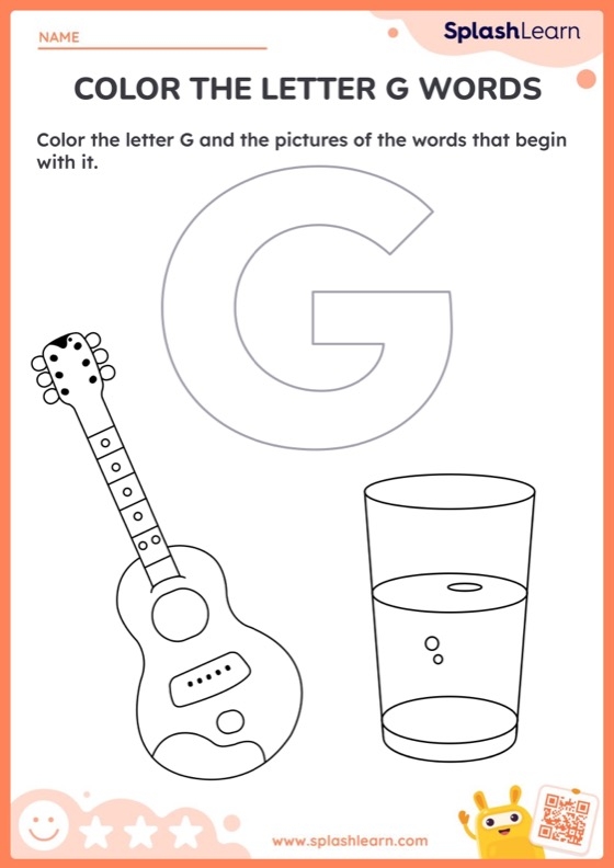 Pre-K phonics worksheet for identifying words and pictures that start with the letter G