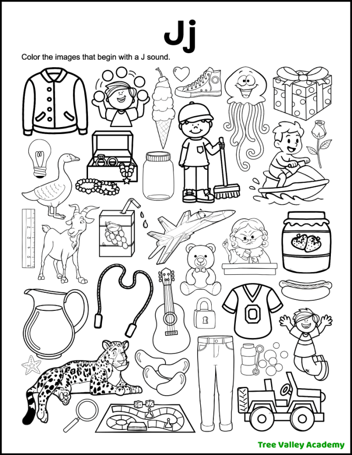 Preschool worksheet featuring fun illustrations for children to identify objects that start with the letter J