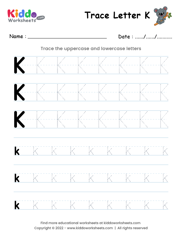 Practice Tracing the Letter K Activity 6 for Preschool Fine Motor Development Child tracing dotted lines and the letter K to practice writing skills on a pre-K worksheet