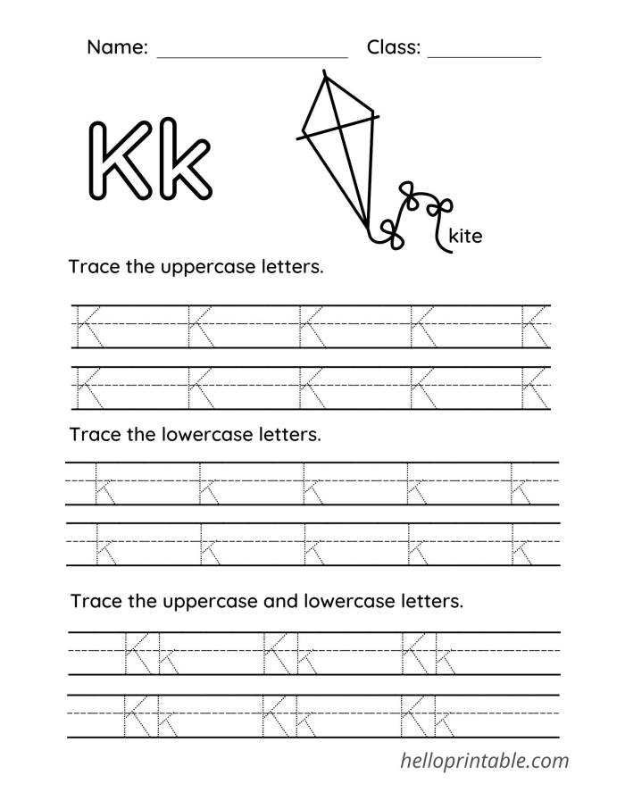 Practice Tracing the Letter K - Pre-K Writing Activity 12 A young child tracing dotted lines and the letter K on a writing practice worksheet to develop fine motor skills