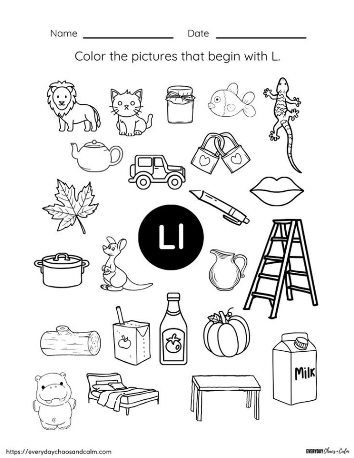 Worksheet featuring items that begin with the letter L for phonics practice. Fun phonics game page for Pre-K students to identify L words.