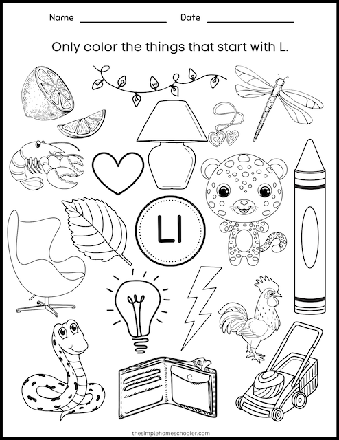 Worksheet featuring items that begin with the letter L for phonics practice