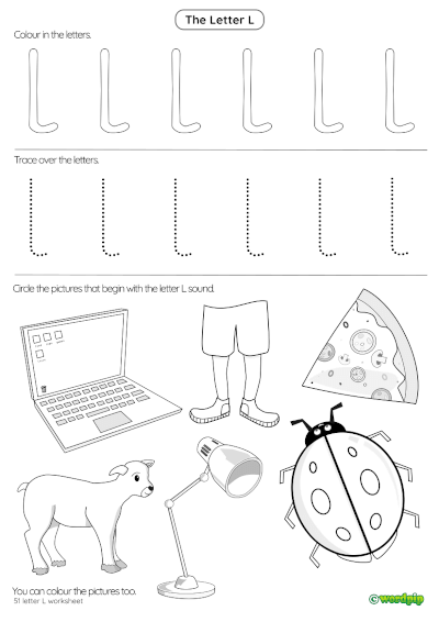 Pre-K phonics worksheet featuring various objects for children to identify things that start with the letter L
