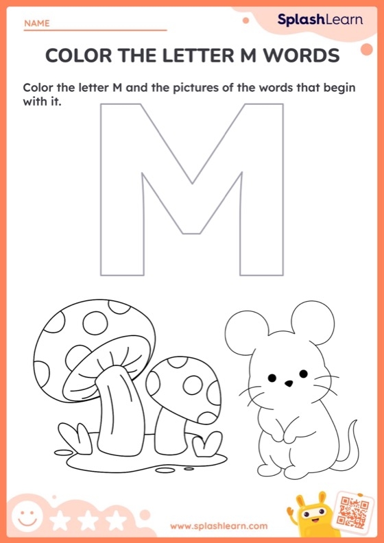 Preschooler identifying pictures that begin with the letter M on a phonics worksheet