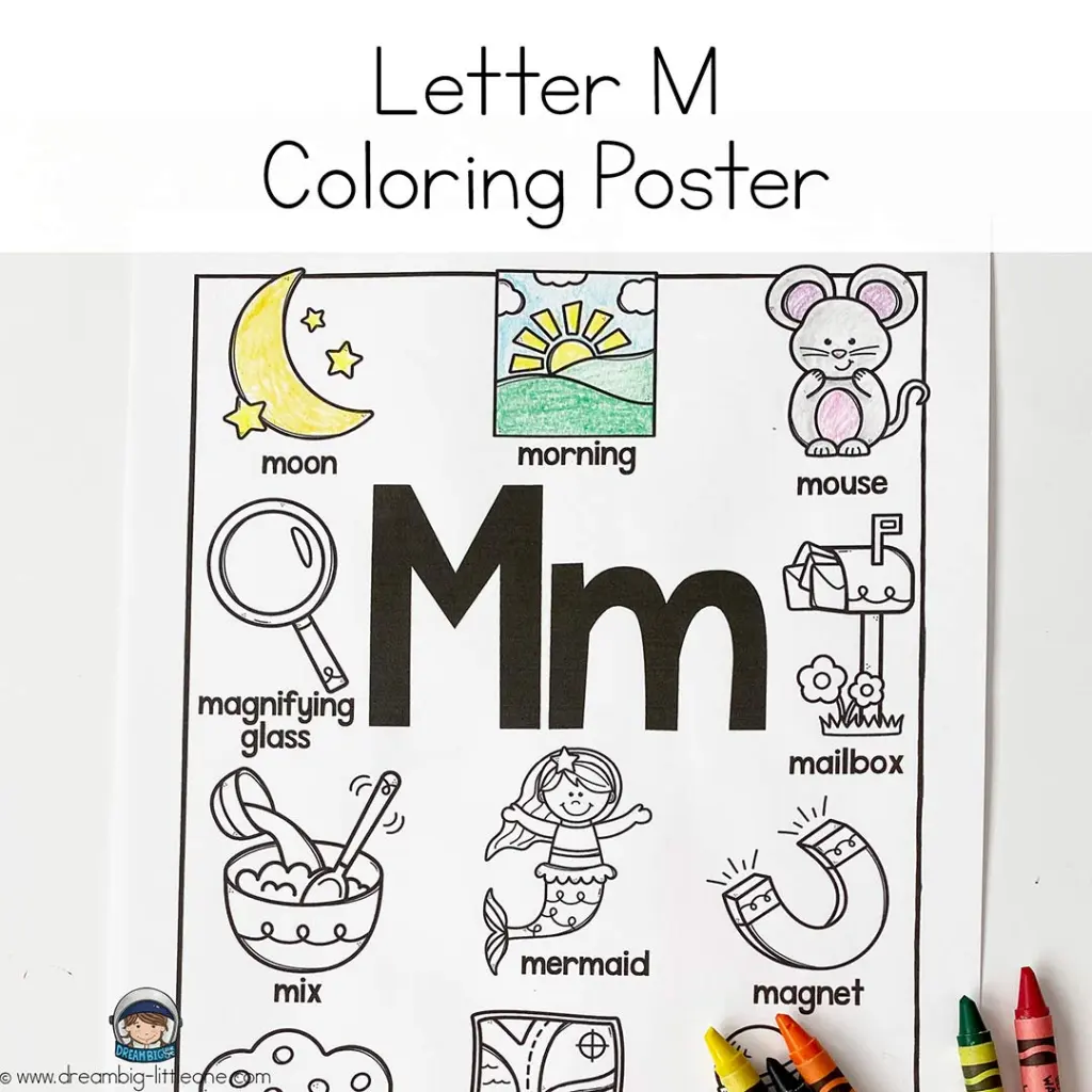 Preschool student identifying pictures that start with the letter M on a phonics worksheet
