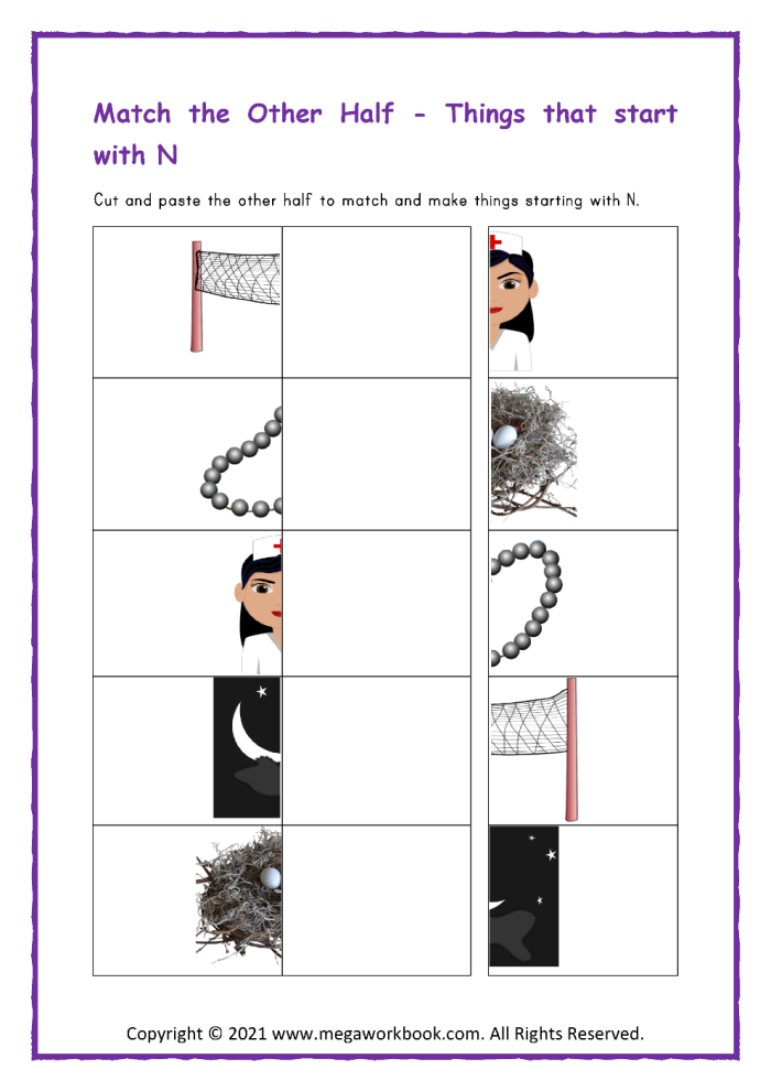 Pre-K phonics worksheet for identifying words and objects that begin with the letter N