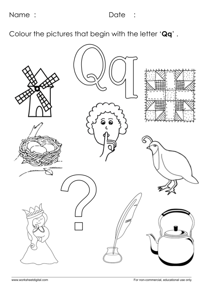 Pre-K phonics worksheet featuring various objects that begin with the letter Q